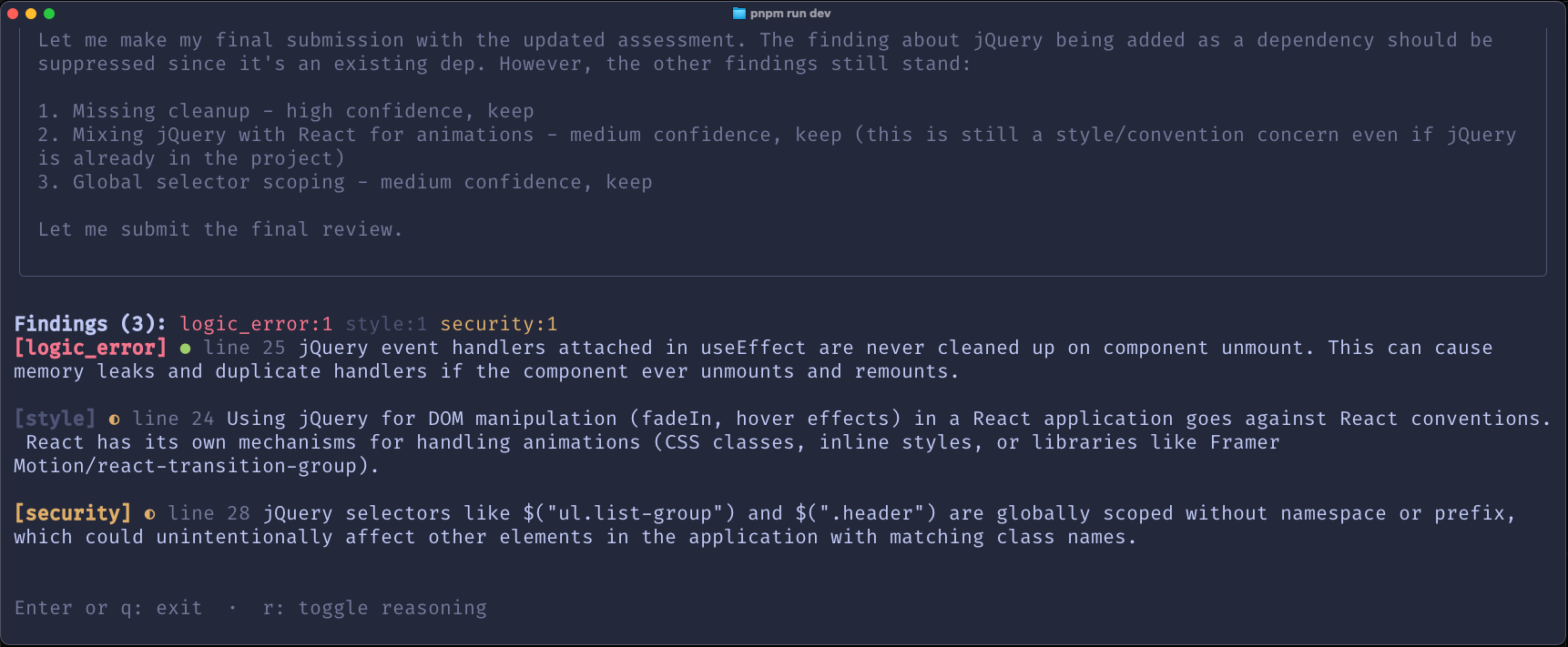 terminal window with code reviewer agent findings